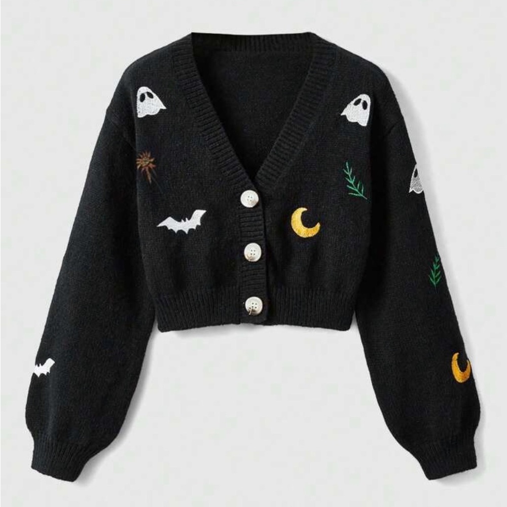 ROMWE Black Halloween Cardigan with Fun Motifs